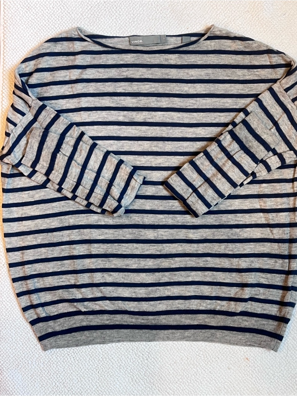 Vince Navy and Gray Striped Boat- Neck Sweater